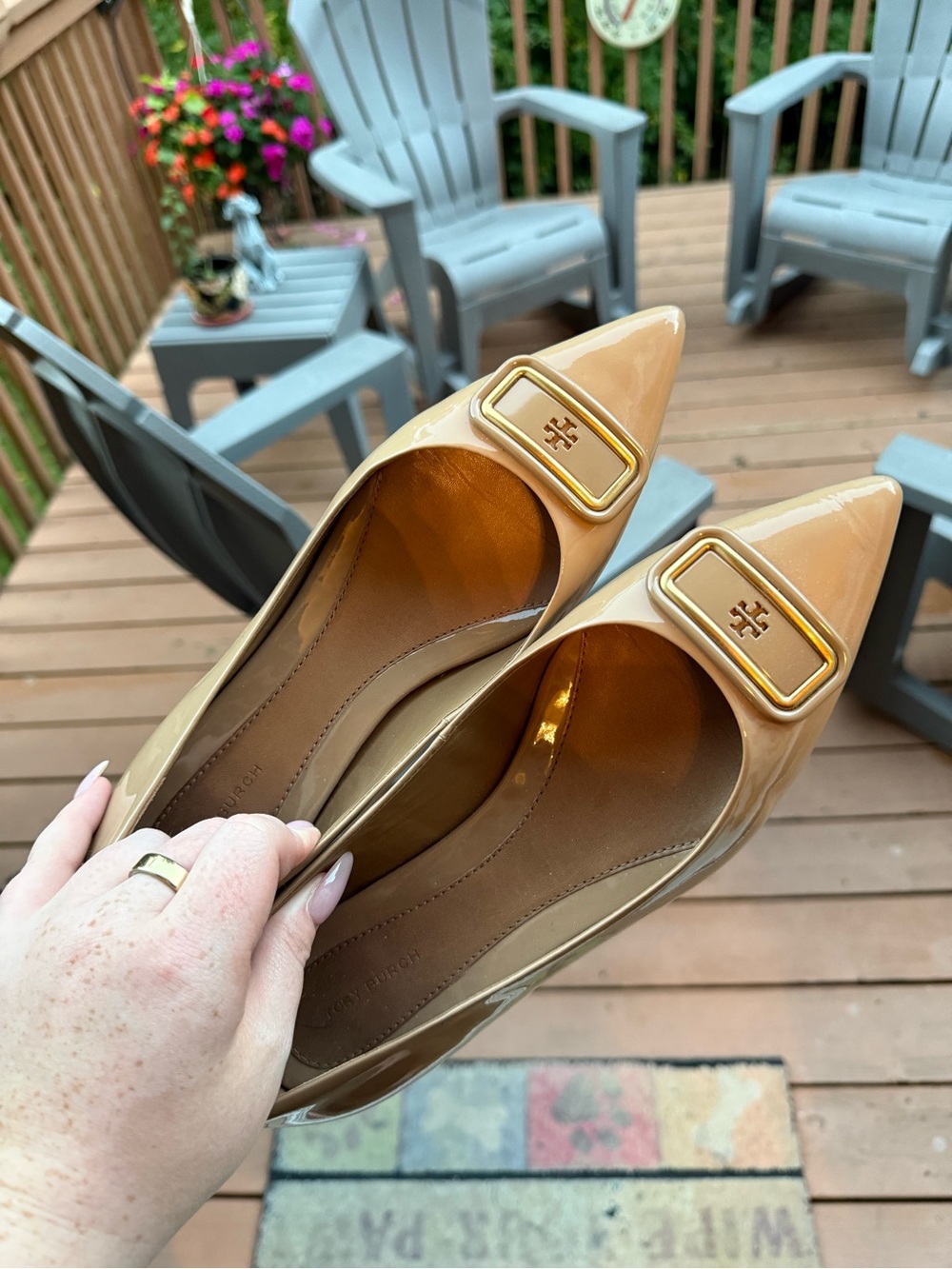 Tory Burch Nude Patent Leather Pointed Toe Heels with Gold Logo Buckle